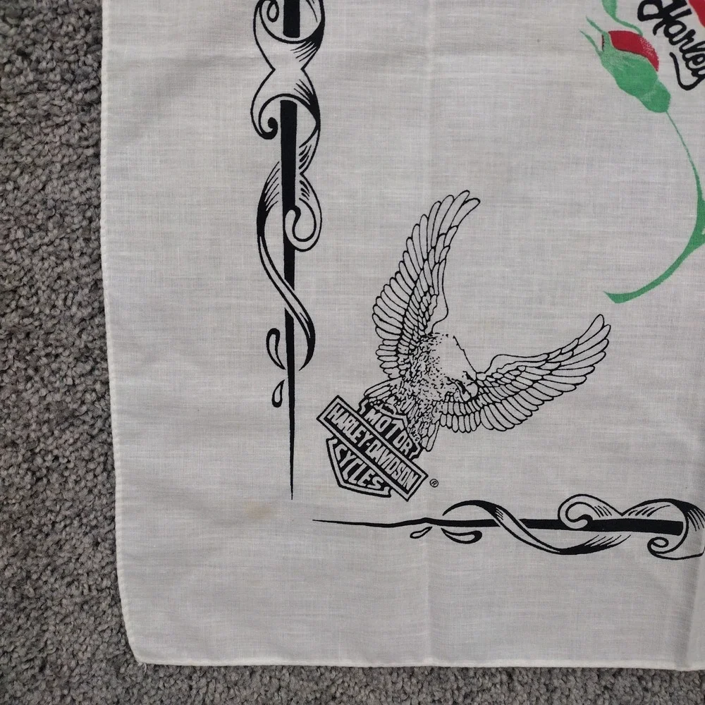 Vintage 80s Harley Davidson Bandana Rose Upwing Eagle Bar Shield USA Made White